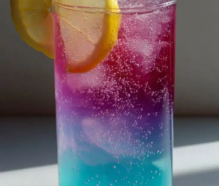 Colorful Unicorn Lemonade in a glass with layers of vibrant pastel colors.