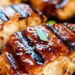 Balsamic marinated chicken served on a plate with herbs and vegetables