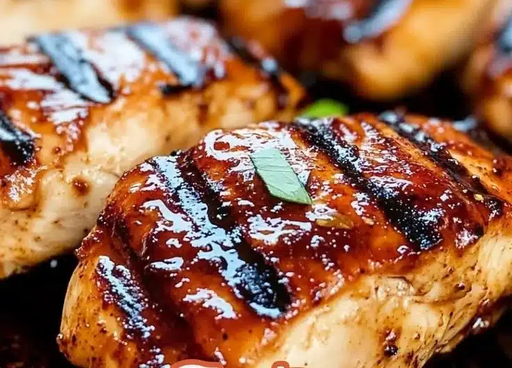 Balsamic marinated chicken served on a plate with herbs and vegetables