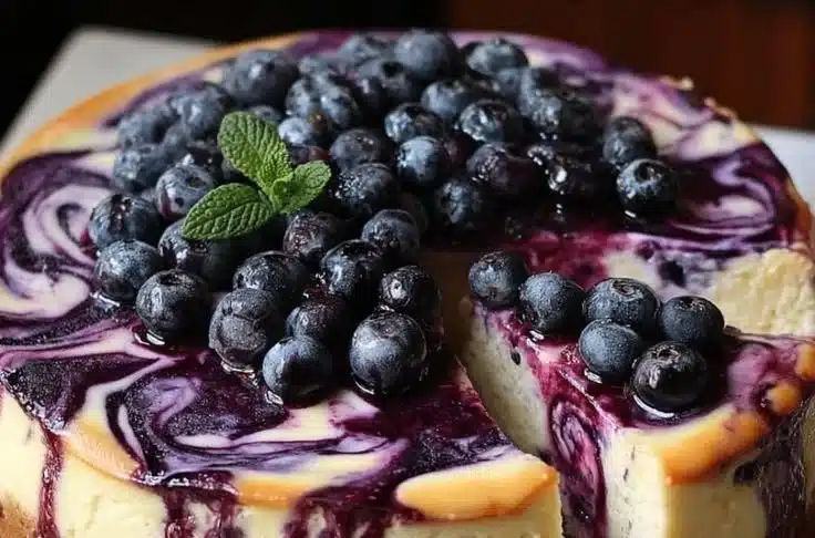 Delicious slice of Blueberry Swirl Cheesecake with vibrant blueberry topping