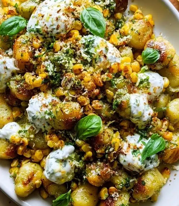 Plate of brown butter corn pesto gnocchi with lemony whipped ricotta.