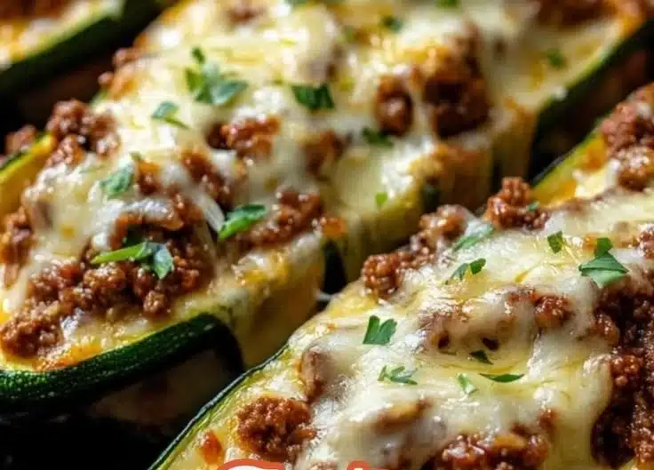 Cheesy beef zucchini boats topped with melted cheese and herbs