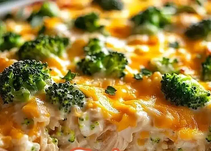 Cheesy Garlic Chicken and Broccoli Casserole served in a baking dish