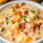 Delicious copycat Outback potato soup in a bowl with toppings.