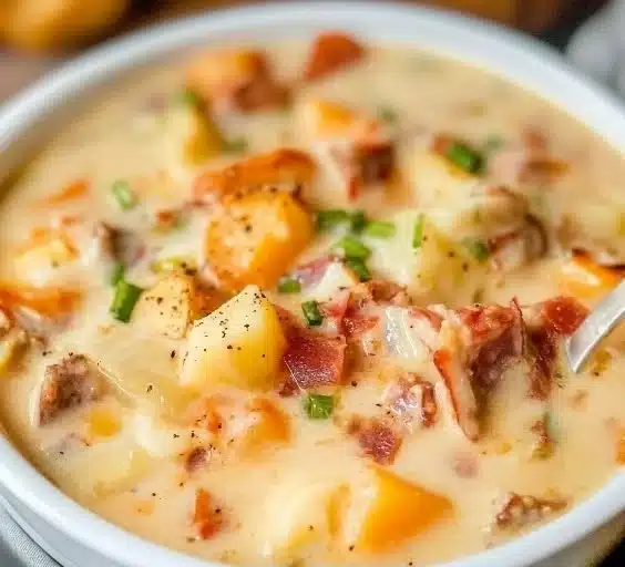 Delicious copycat Outback potato soup in a bowl with toppings.