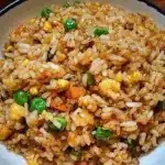 Easy fried rice recipe serving five people with colorful vegetables and eggs.