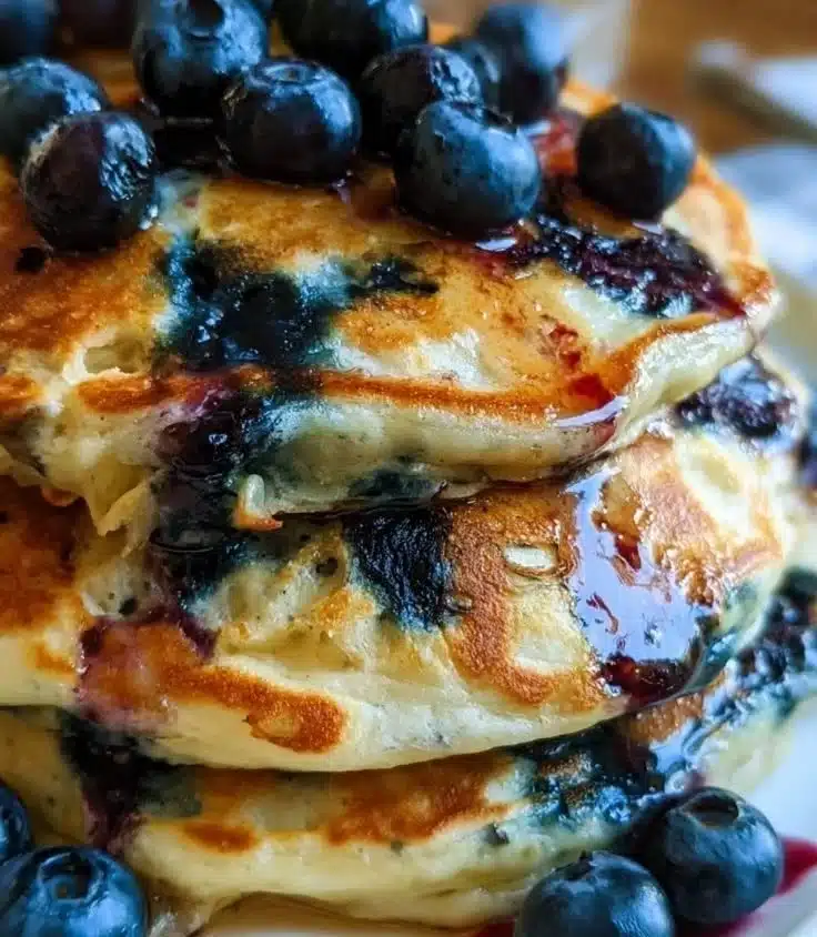 Stack of fluffy blueberry pancakes with fresh blueberries and syrup