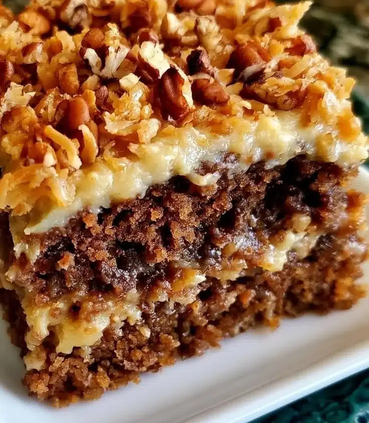 Delicious German Chocolate Cake with rich chocolate frosting