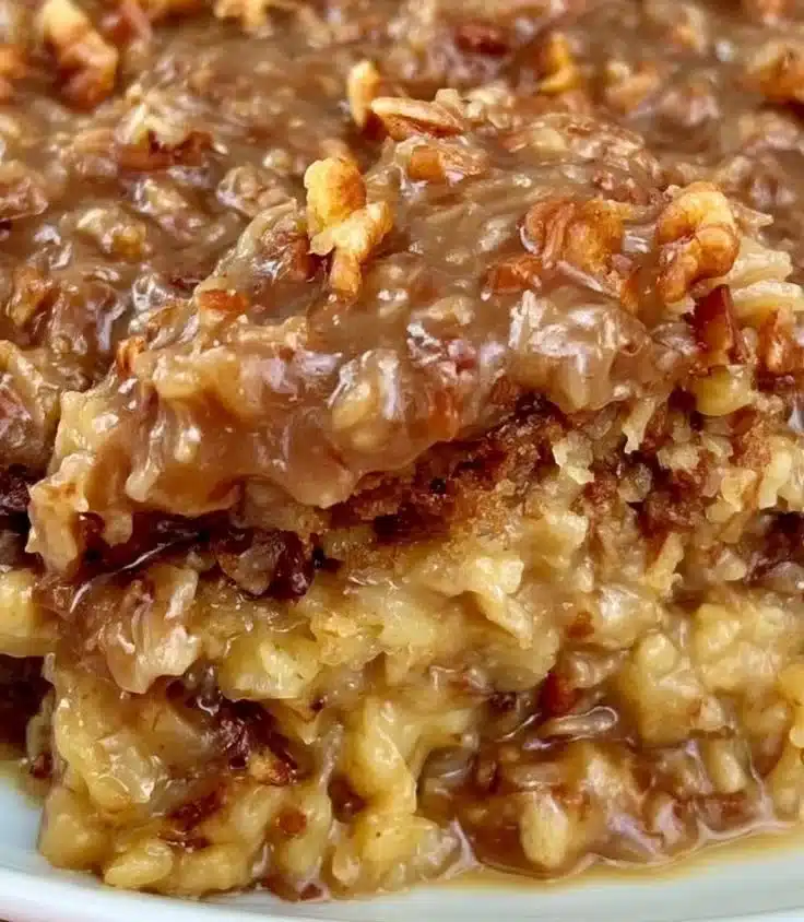 Delicious German chocolate cake with rich frosting and chocolate shavings.