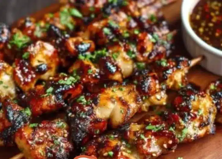 Delicious grilled chicken skewers ready to serve on a platter.