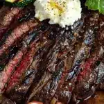 Grilled flank steak with zucchini and whipped feta on a plate.