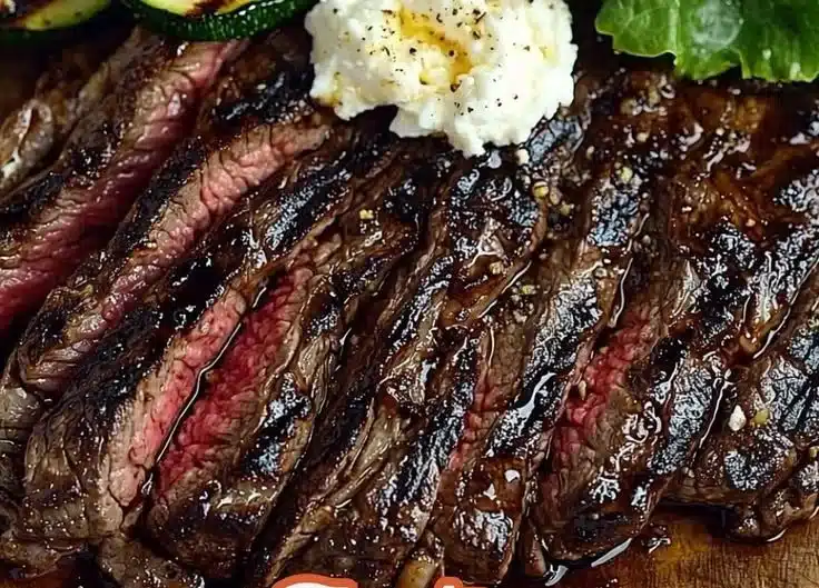 Grilled flank steak with zucchini and whipped feta on a plate.