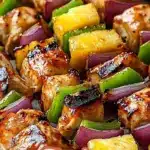 Hawaiian Chicken Kebabs with colorful peppers and pineapple on skewers