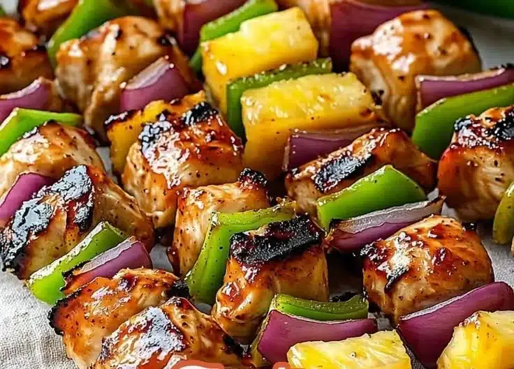 Hawaiian Chicken Kebabs with colorful peppers and pineapple on skewers