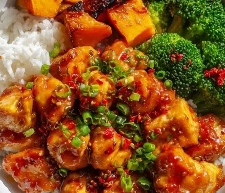 Healthy Hot Honey Chicken Bowl topped with vegetables and drizzled with hot honey