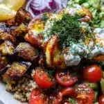 Mediterranean Eggplant and Halloumi Bowls topped with lemon-dill sauce.