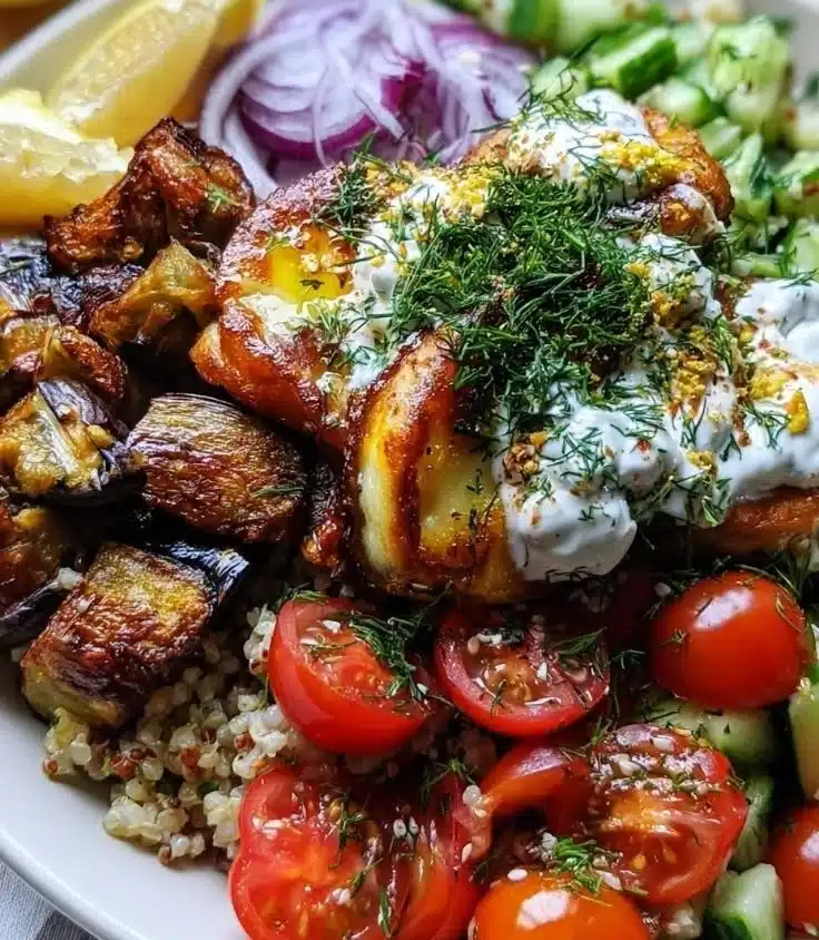 Mediterranean Eggplant and Halloumi Bowls topped with lemon-dill sauce.