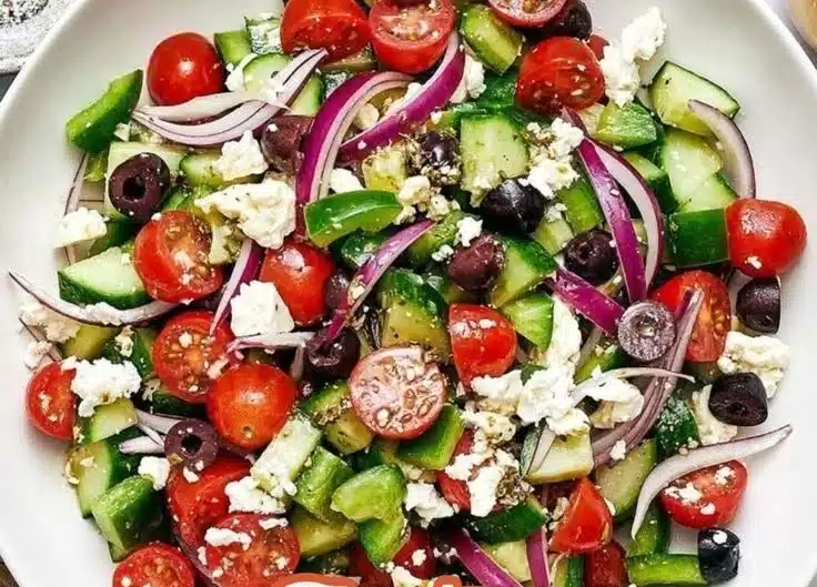 Colorful Mediterranean summer salad with fresh vegetables and herbs