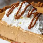 Delicious no bake peanut butter pie topped with whipped cream and chocolate drizzle.