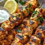 Delicious grilled Shish Tawook served with garlic sauce and vegetables.