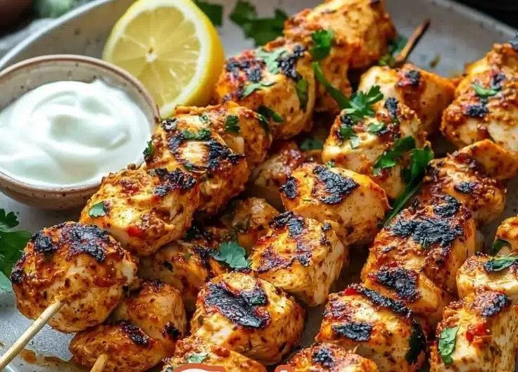 Delicious grilled Shish Tawook served with garlic sauce and vegetables.