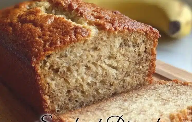 Homemade sourdough banana bread sliced on a wooden cutting board