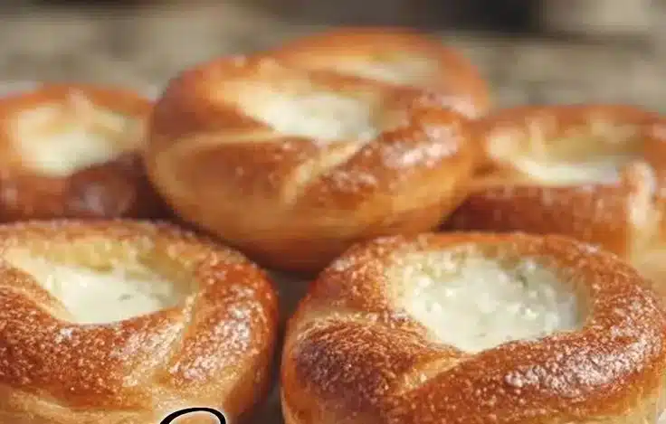 Freshly baked sourdough kolaches with various sweet fillings on a wooden table.