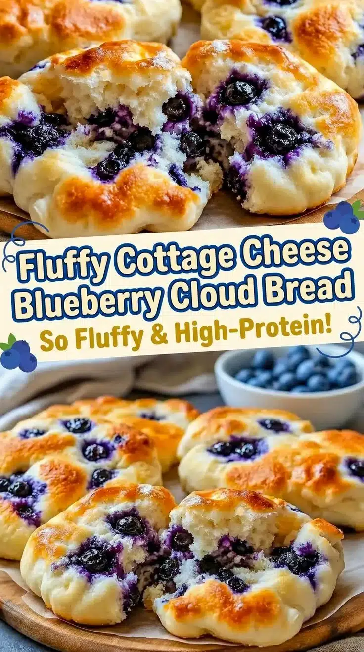Fluffy blueberry cloud bread made with cottage cheese for breakfast.
